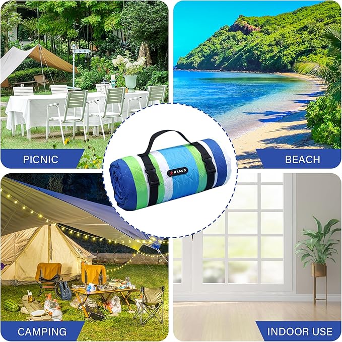 HX&OD Outdoor Picnic Blanket Extra Large, 80''*60'' Waterproof Picnic Mat with Stakes Foldable Camping Blanket Portable with Carry Strap for Beach Mat (Green& White, 80''*60'')