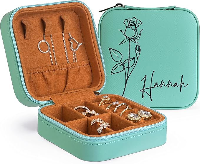 Custom Leather Jewelry Box w/Name & Birth Flower Month - Birthday Gifts for Women, Personalized Jewelry Travel Case - Customized Jewelry Organizer Box, Mom Birthday Gifts - Lime Dream