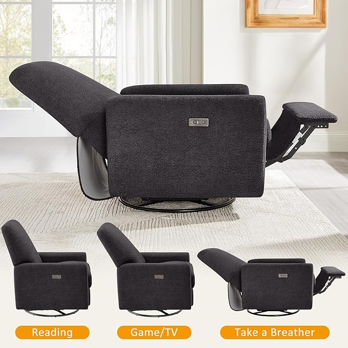 Power Swivel Glider Recliner Chair, Electric Nursery Rocker Recliner Chair, USB & Type-C Charger, Charcoal Gray Boucle