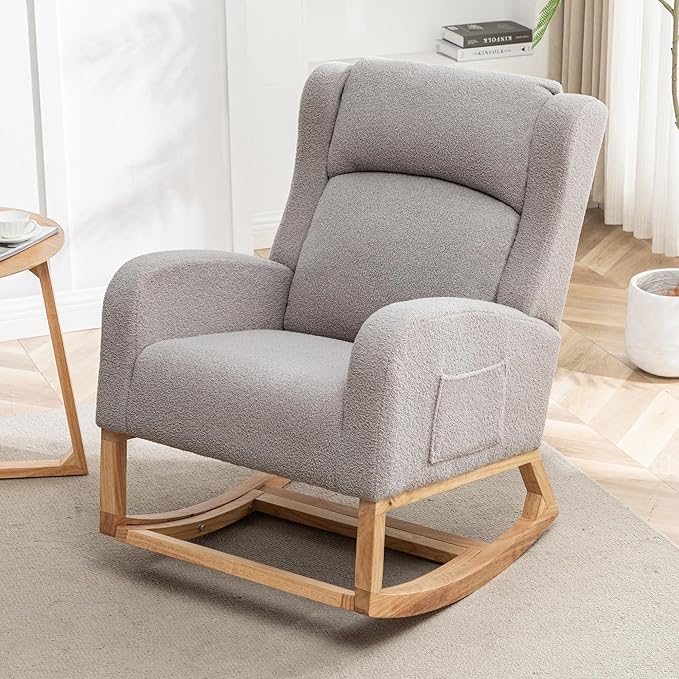 Rocking Chair Nursery, Nursing Rocking Chairs for Mom Nursery, Comfy Wingback Glider Rocking Armchair with Foot Rest and Side Pocket for Nursery Living Room Bedroom, Teddy Grey