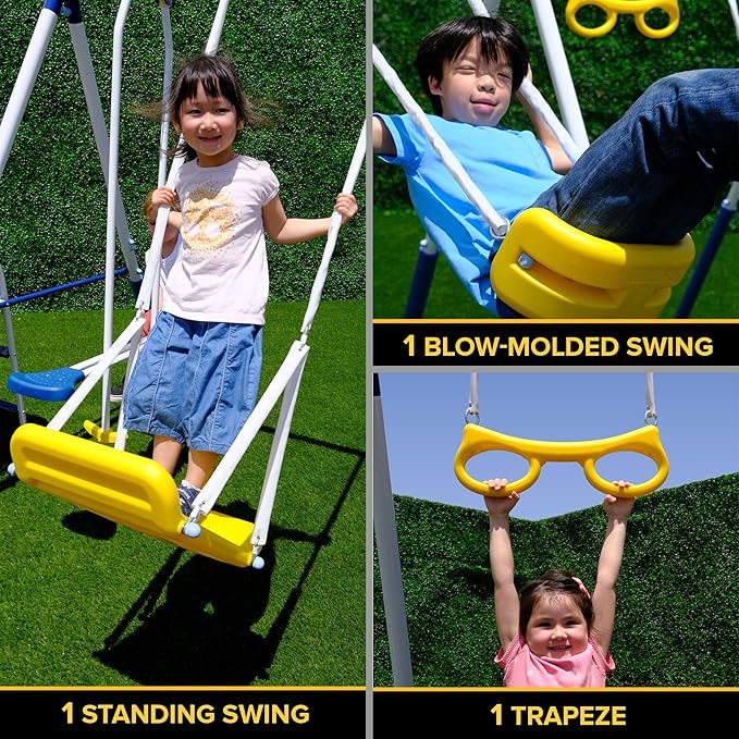 Sportspower Super 9 Metal Swing Set: Teeter Totter, 2 Kid Glide Ride Swing/Roman Glider Swing, Standing Swing + Trapeze Bar, Blow Molded Swing + 5' Wavy Slide Bonus 4pc Anchor Kit*, Blue/Yellow