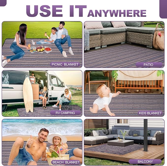 G GOOD GAIN Picnic Blankets Outdoor - Waterproof Outdoor Rug with Shoulder Carry Strap | Machine Washable Picnic Mat with Sandproof Backing for RV, Balcony, Camping, Hiking, Concerts (Blue, 9' x 6')