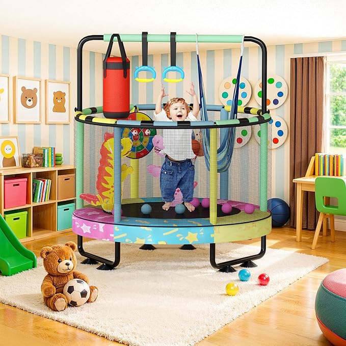 LAMERGE 55" 7-in-1 Round Trampoline for Kids Boys & Girls Ages 1-8, Indoor & Outdoor Trampoline for Fun, Adjustable Height Handrail ＆ Enclosed Safety Net ＆ Durable Designs for Toddlers Children