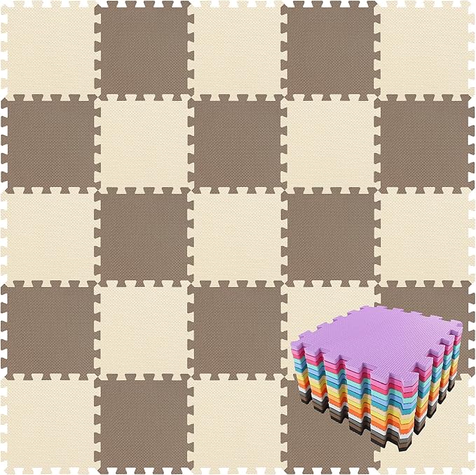 qqpp EVA Rubber 18 Tiles Interlocking Puzzle Foam Floor Mats - Baby Play Mat for Playing | Exercise Mat for Home Workout. Brown, Beige. QC-FJb18N