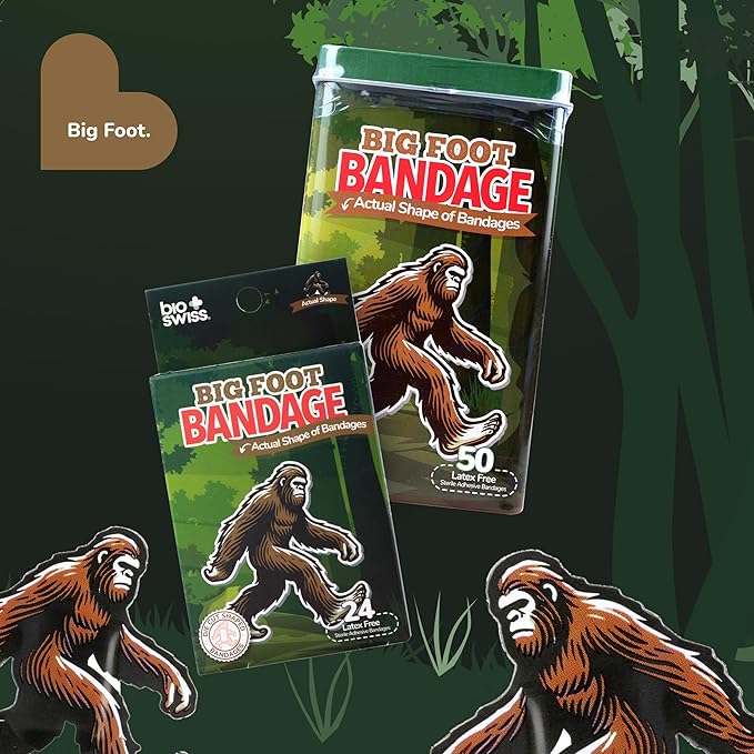 BioSwiss Bandages, Bigfoot Shaped Self Adhesive Bandage, Latex Free Wound Care, Fun First Aid Kit Supplies for Kids and Adults, 50 Count