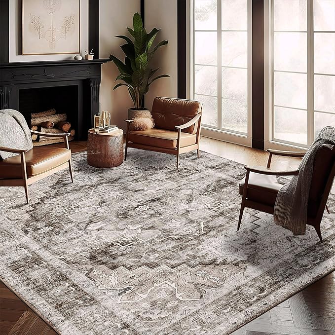 Washable Area Rug 8'x10' Deep Khaki Retro Boho Design Non-Shedding Non-Slip Easy Care Ideal for High Traffic Areas in Living Room Bedroom Office Coffee Table Kitchen Large Carpet