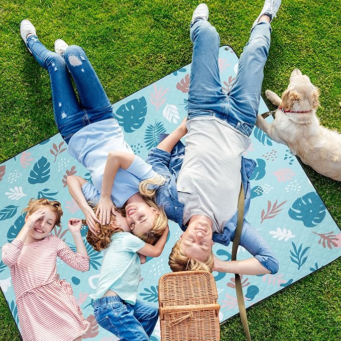 PY SUPER MODE Extra Large Waterproof Picnic Blankets 83x79 Inches - 5 Layer Outdoor Picnic Mat for Beach Camping Park Lawn, Windproof Anchor System with Stakes, Foldable Blue&Green