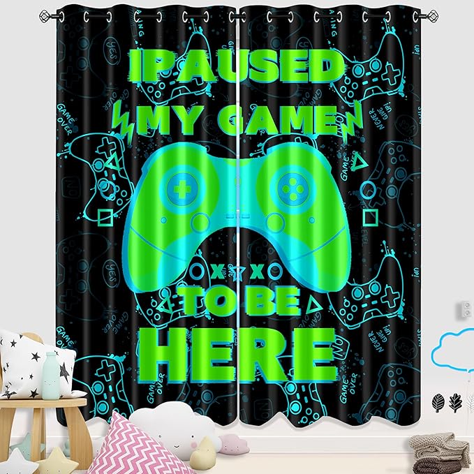 Gaming Gamepad Blackout Curtains - 2Pcs Game Windows Curtain Panels for Teens Boys Bedroom Green Gaming Console Curtains for Boys Kids Room Decor Grommet Top Thermal Insulated, 82 in x 84 in