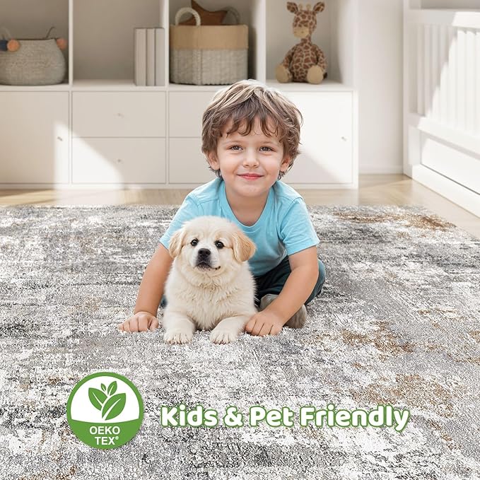 5x7 Area Rugs Washable Rug: Living Room Large Abstract Modern Soft Stain Resistant Indoor Floor Non Slip Accent Carpet for Bedroom Nursery Playroom Dining Room Office Dorm Home- Gray Rust