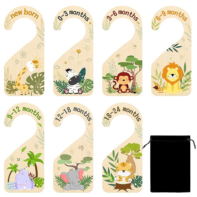 R HORSE 8Pcs Safari Baby Closet Dividers, Double Sided Nursery Hanger Dividers Wood Baby Closet Size Organizers for Boy Girl Birthday Christmas Gift (0-24 Months)
