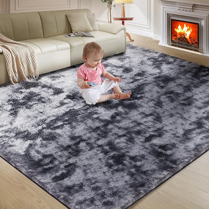 Ultra Soft Rug for Living Room, 9X12 Fluffy Shag Area Rug for Bedroom, Modern Shaggy Carpets Fuzzy Rug for Teens Dorm Nursery Home Decor Aesthetic, Upgrade Anti-Skid Durable, Tie Dye Black and Grey