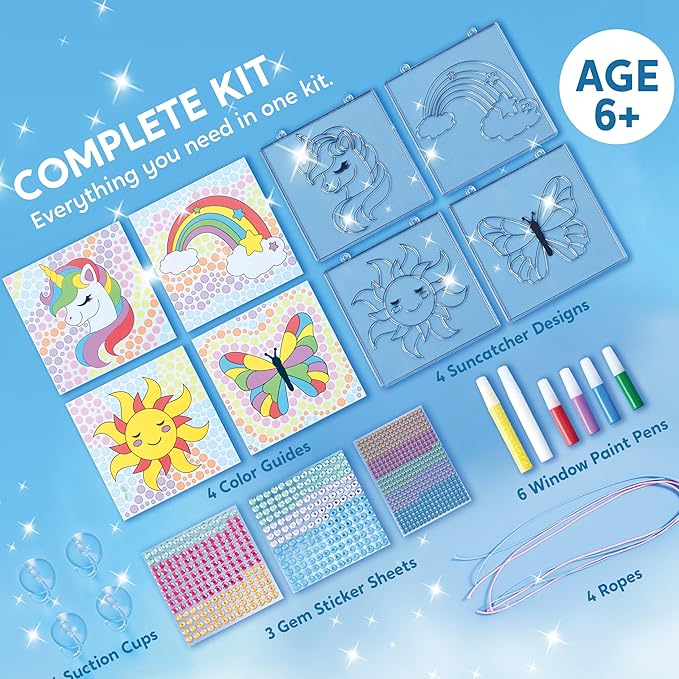Klever Kits 4PCS Window Art, 2-in-1 Gems and Gels Suncatcher, 2 Ways to Play Diamond and Gels, Arts & Crafts Toys for Boys Girls, Christmas Birthday Gifts for Kids Age 6 and Up