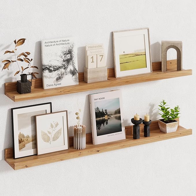 Fun Memories Picture Ledge Shelf, 36 Inch Floating Shelves for Wall, Nursery Bookshelf for Storage, Rustic Elm Wood Photo Ledge Shelves for Bedroom, Living Room, Kitchen (Natural, 36in Set of 2)