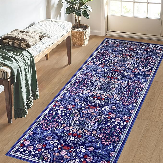 Runner Rug for Entryway: 2x6 Kitchen Rugs Non Slip Washable Ultra-Thin Soft Floral Carpet Indoor Floor Stain Resistant Carpets for Hallway Bedroom Kitchen Laundry Bathroom Dorm Blue