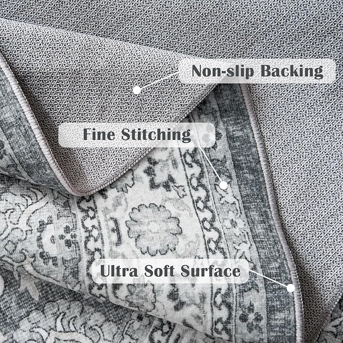 jinchan Round Rug 5ft Washable Circle Soft Rug - Low Pile Vintage 5'Round Indoor Grey Floral Print Stain Resistant Boho Carpet Ultra-Thin Non-Slip for Entryway Nursery Bedroom Dining Room Kitchen