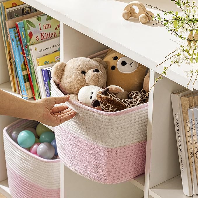 UBBCARE 4 Pack Baskets for Organizing, Woven Storage Baskets for Toys and Towel, Rectangle Cotton Rope Basket with Handles, 15''L x10''W x9''H, Pink