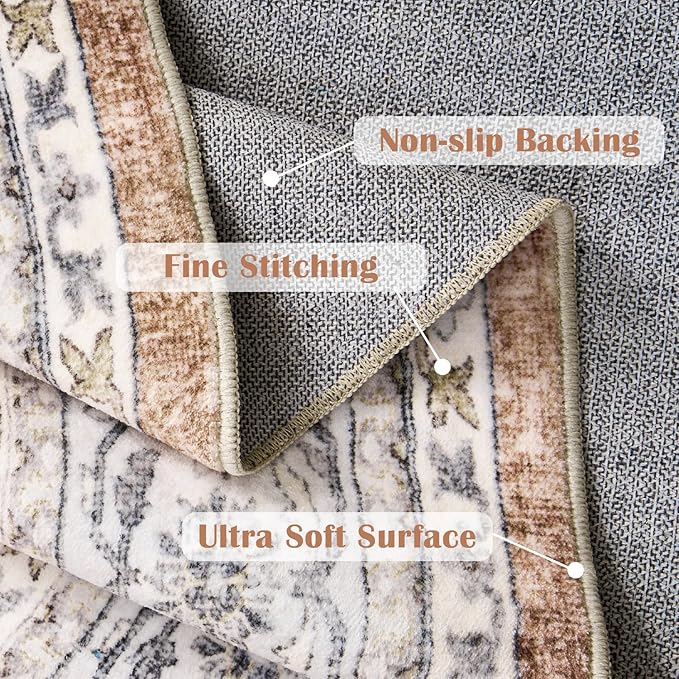 jinchan Round Rug 6ft Washable Circle Soft Rug - Low Pile Vintage 6'Round Indoor Orange Floral Print Stain Resistant Boho Carpet Ultra-Thin Non-Slip for Living Room Nursery Bedroom Dining Room Kitchen