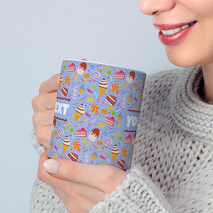 Personalized Mug for Kids - Sweets - Custom Name/Text, Ceramic Hot Chocolate/Cocoa/Coffee Cup for Boys/Girls, Birthday/Christmas/Holiday Gift - 15 oz, Pink Handle