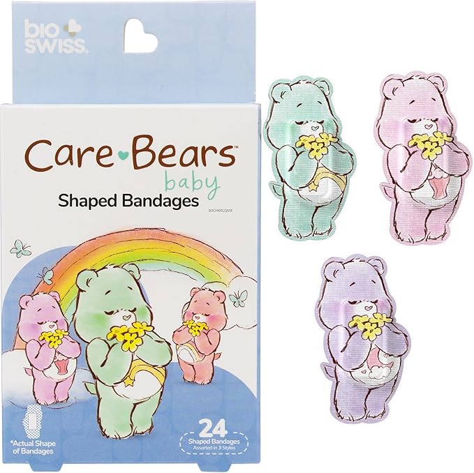 BioSwiss Care Bears Bandages, Baby Care Bear Shaped Self Adhesive Bandage, Latex Free Sterile Wound Care, Fun First Aid Kit Supplies for Kids, 24 Count