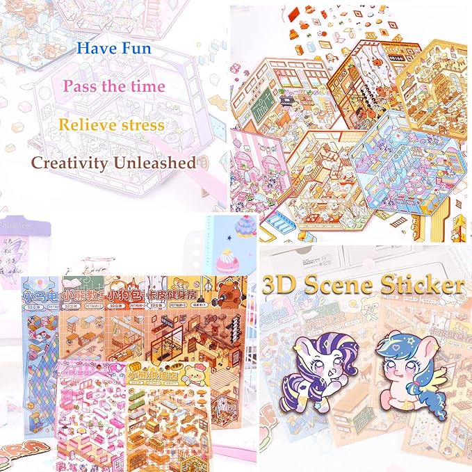 DIY 3D Sticker for Kids, 6 Sets of Cute Stickers for Girls Adult Isometric Sticker Scene Kids Reuseable and Waterproof Stickers