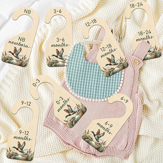 R HORSE Wooden Baby Closet Dividers - 8Pcs Mallard Duck Baby Closet Organizer Double-Sided Newborn Clothes Size Hanger Dividers Nursery Decor Birthday Gift for Boy Girl (0-24 Months)