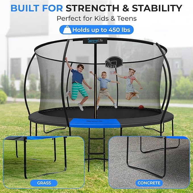 SereneLife 8FT 10FT 12FT 14FT Outdoor Trampoline for Kids - Recreational Backyard Trampoline with Curved Safety Poles and Net Enclosure- ASTM Approval for Kids Adults