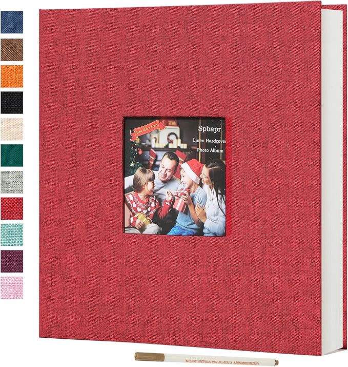 Spbapr Large Photo Album Self Adhesive 3x5 4x6 5x7 8x10 Pictures Magnetic Scrapbook 40 Blank Pages Linen Cover DIY Album with A Metal Pen Red