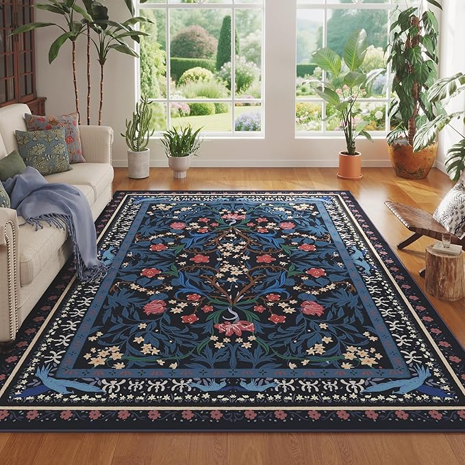 Area Rugs 8x10 for Living Room Clearance Washable Vintage Floral Botanical Rug Non Slip Low Pile Large Rug for Bedroom, Farmhouse, Dining Room, Kids Playroom, Blue