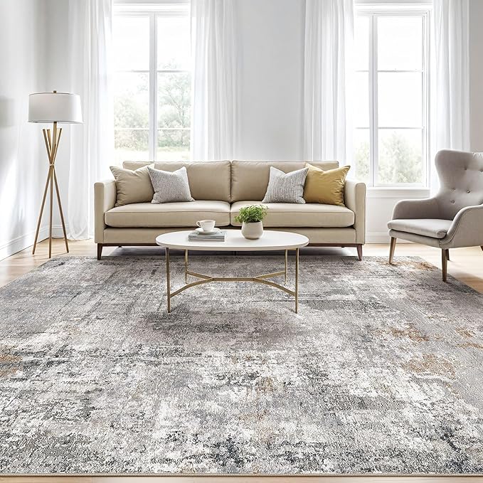 10x12 Area Rug Living Room: Washable Large Abstract Modern Soft Rugs Stain Resistant Indoor Floor Non Slip Accent Carpet for Bedroom Nursery Playroom Office Dining Room Dorm Home House- Gray Rust