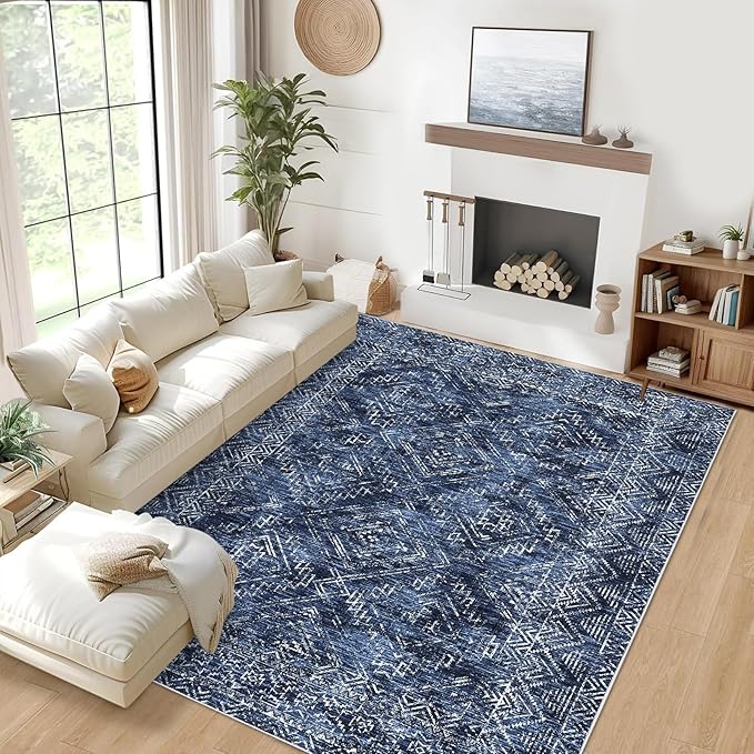 COZYLOOM Washable Area Rugs 10x13 Vintage Non Slip Low Pile Rug Soft Throw Floor Cover Geometric Tribal Foldable Indoor Carpet for Living Room Bedroom Playroom Nursery, Blue