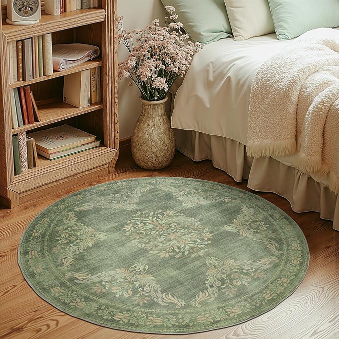 jinchan Round Rug 4ft Area Rugs Vintage Floral Distressed Design,Machine Washable Soft Non-Slip Low-Pile Ultra-Thin Circle Rug for Entryway Bedside Living Room Kitchen Nursery (4' Round,Dark Green)