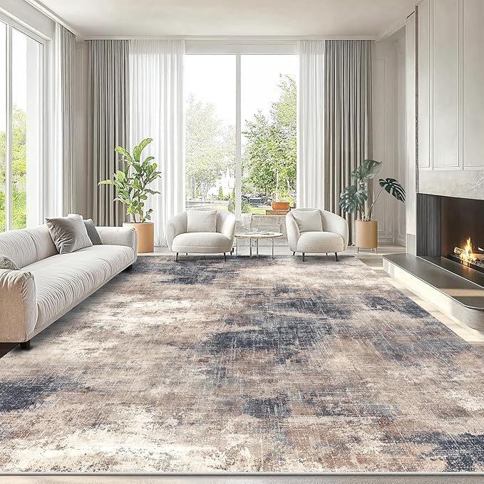 AMADA HOMEFURNISHING 9x12 Large Area Rug, Modern Abstract Living Room Rug with Non-Slip Backing & Short Pile, Washable Rug with Abstract Pattern for Living Room, Bedroom and Dinning Room, Brown
