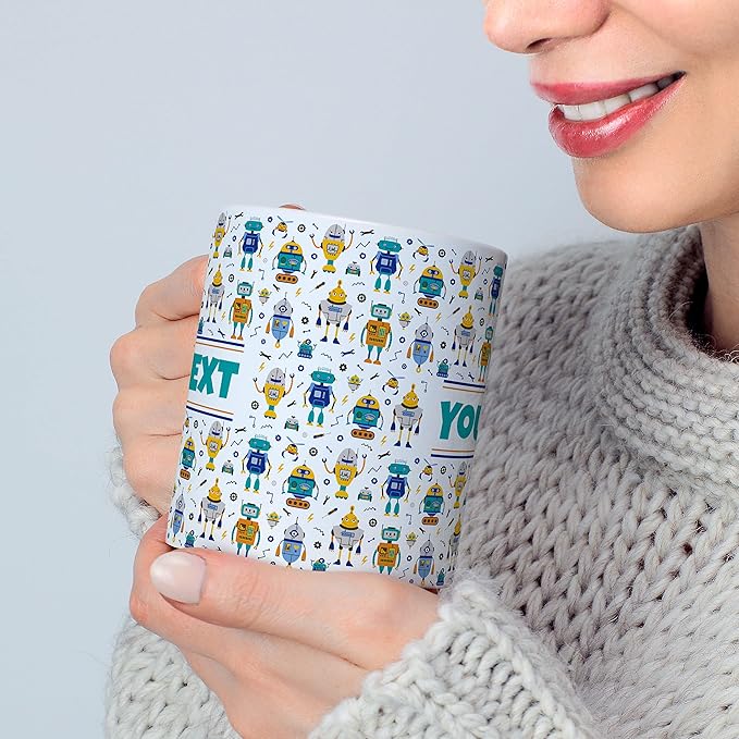 Personalized Mug for Kids - Robots - Custom Name/Text, Ceramic Hot Chocolate/Cocoa/Coffee Cup for Boys, Birthday/Christmas/Holiday Gift - 15 oz, Pink Handle