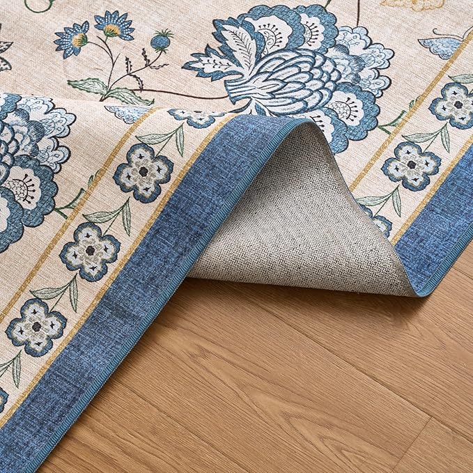 jinchan 3x8 Floral Runner Rug for Hallway Washable Kitchen Runner Vintage Romance Design Non Slip Thin Indoor Floor Cover Low-Profile Throw Carpet for Entryway Bathroom Bedroom Porch, Blue/Beige