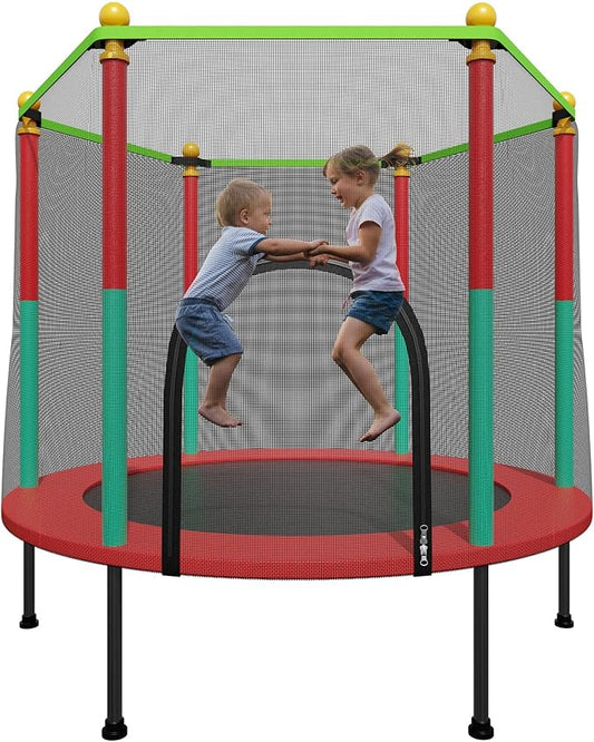 55IN Trampoline for Kids - Indoor/Outdoor Play with Enclosure Net - Easy to Assemble Recreational Trampoline - Red