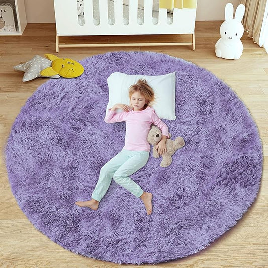 4FT Round Rug for Bedroom: Fluffy Shag Soft Washable Rugs Circle Small Fuzzy Plush Indoor Carpet for Living Room Nursery Playroom Dorm Kids Girls Boys Room (Purple, 4'x4')
