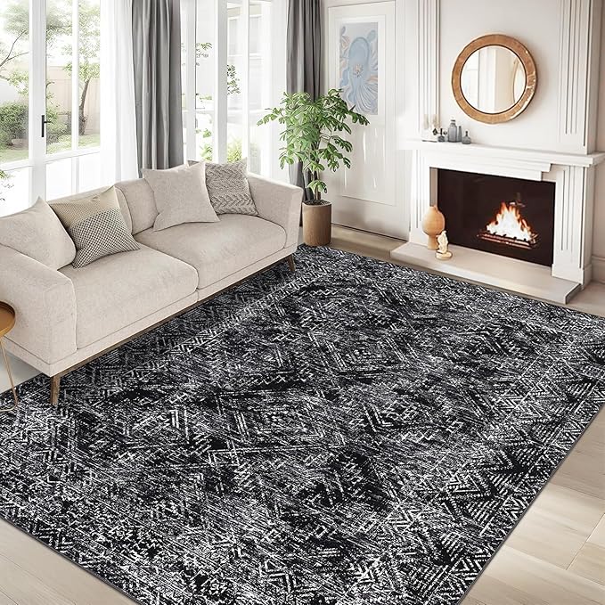 COZYLOOM Black Rug for Living Room 8x10 Washable Area Rugs Modern Abstract Floor Cover Non Slip Stain Resistant Geometric Mats Soft Throw Carpet for Nursery Bedroom Dining Room
