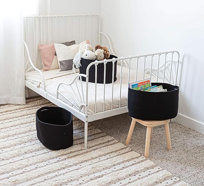 OrganiHaus Set of 3 Black Baskets for Shelves, Woven Baskets for Organizing, Cute Black Storage Basket for Toys & Cloths, Cotton Rope Basket for Decor, Shoe Baskets, Storage Baskets for Shelves