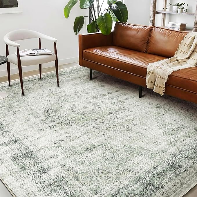 Washable Area Rug 8'x10' Floral Green Retro Boho Design Non-Shedding Non-Slip Easy Care Ideal for High Traffic Areas in Living Room Bedroom Office Coffee Table Kitchen Large Carpet
