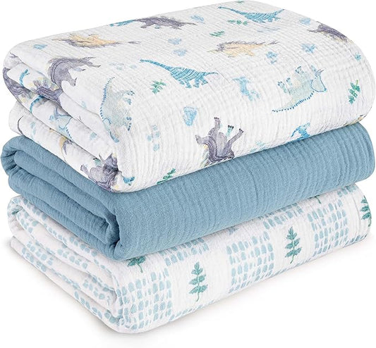 Muslin Swaddle Blankets for Newborn, 3 Pack Breathable Soft Receiving Blanket, Large 38 x 40 inches Swaddle Wrap Burping Clothes Diapers, Essentials Infant Shower Items, Toddler Gift (Blue Dinosaur)