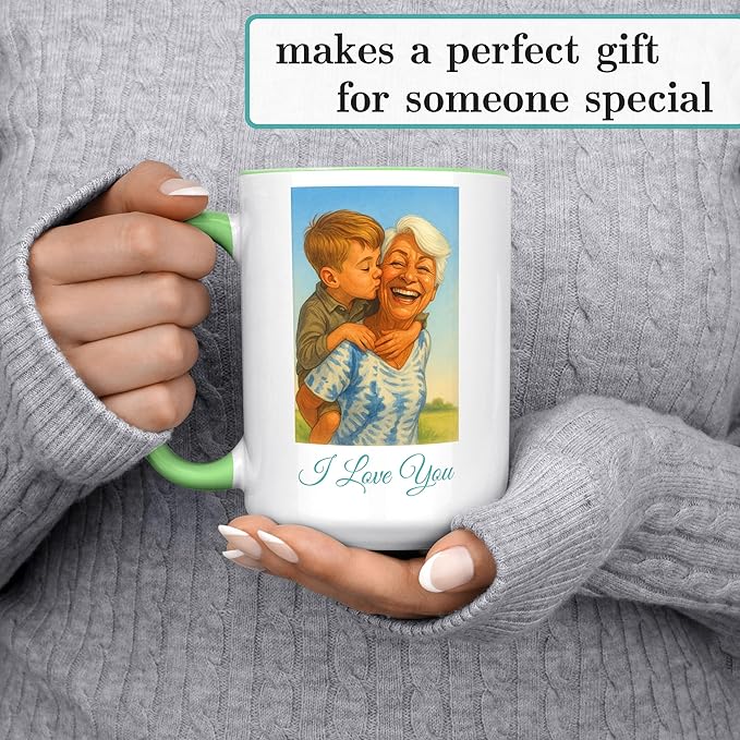 Personalized Coffee Mug, Custom Photo Caricature Gift, Funny Customized Coffee Gift for Men & Women, Custom Mugs with Pictures, Light Green 15oz Customized Ceramic Tea Cup