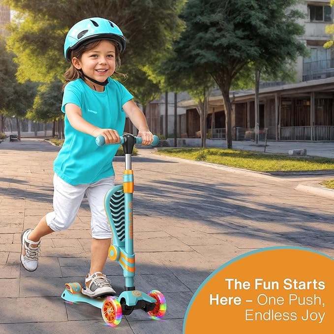 Aqua Orange 3 Wheel Scooter with Seat for Kids – Light-Up LED Wheels, Adjustable Handlebar and Seat, Smooth PU Wheels, Wide Anti-Slip Deck, Rear Foot Brake – Toddler Outdoor Toys for Ages 2+