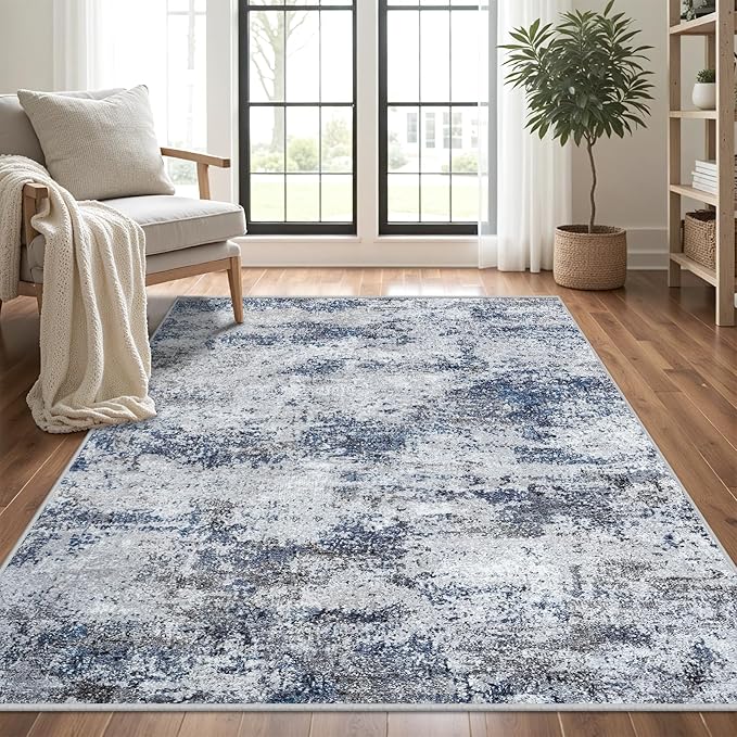 Area Rug Living Room Rugs: 5x7 Abstract Washable Rugs Ultra Soft Carpets with Non-Slip Backing Stain Resistant Carpet for Dining Room Table Bedroom Nursery Indoor Home Office Blue/Gray/Black