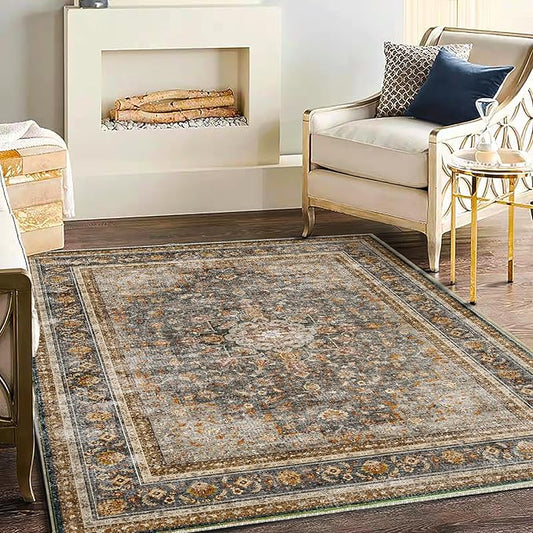Area Rug 5'x7' Washable Rug Traditional Floor Cover Thin Retro Kitchen Indoor Distressed Non Slip Carpet for Living Room Bedroom Dining Room