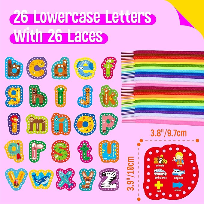 26PCS Alphabet Lacing Cards, Lowercase Letters Sewing Kit with 26 Double-Sided Cards and 26 Colorful Laces Alphabet Learning Toy Motor Skills Art Crafts for Toddlers, Kids, Students