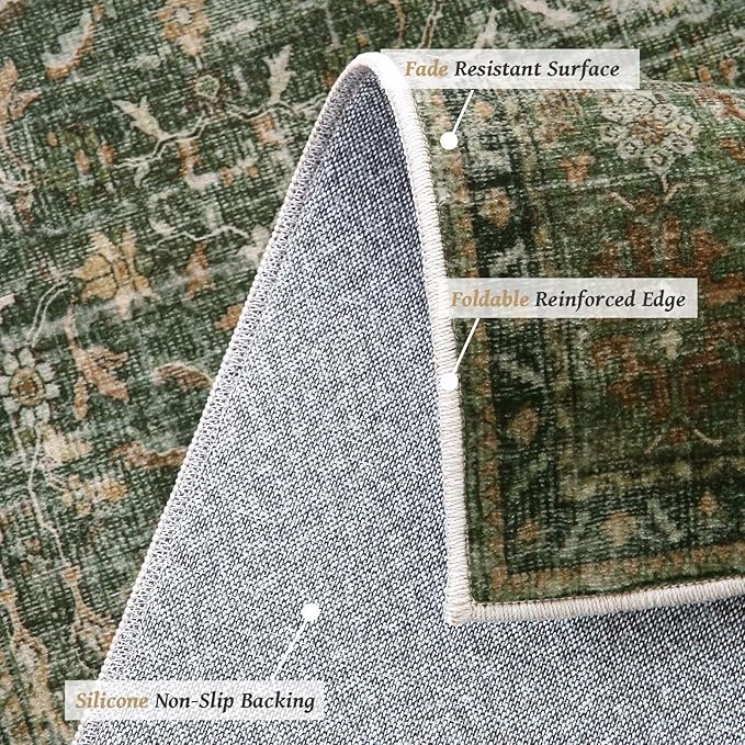 Washable 10x14 Area Rugs for Living Room, Boho Non-Slip Silicone Backing Rugs for Bedroom Dining Room Office, 0.3" Neutral Oriental Throw Carpet with 0.16" Cushioning Pad, Grass Green/Multi