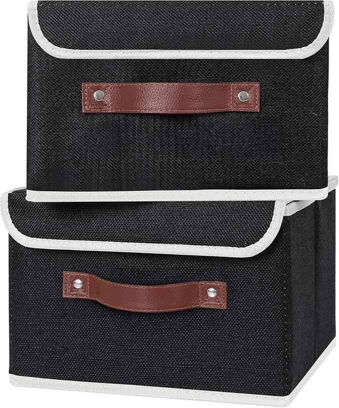 ANMINY 4PCS Storage Bins with Lid PU Leather Handles Storage Boxes PP Plastic Board Decorative Foldable Lidded Cotton Linen Fabric Home Cubes Baskets Closet Organizer Containers - Black, Small Size