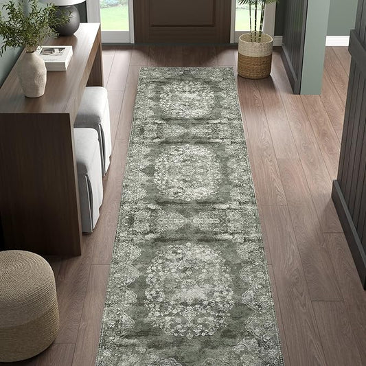jinchan Hallway Runner Rug 2x10 Vintage Floral Distressed Design - Machine Washable Non-Slip Low-Pile Soft Thin Faux Wool Kitchen Carpet for Farmhouse Bedroom Laundry Room (2x10ft, Forest Green)