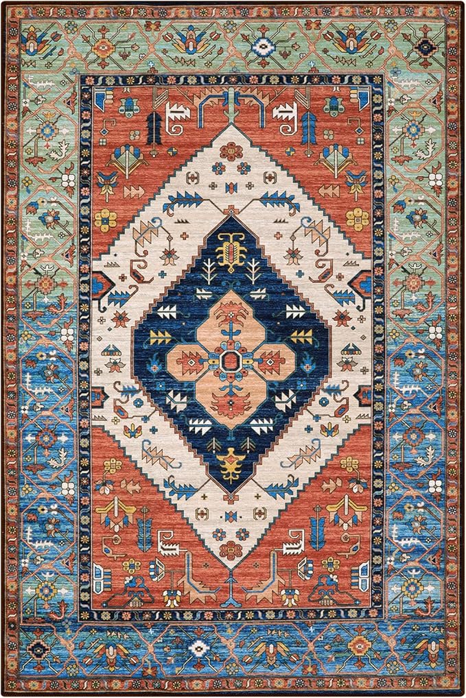 Lahome Boho Rugs for Living Room - 4x6 Area Rug Machine Washable Bedroom Rugs Non-Slip Low-Pile Entryway Carpet Throw Oriental Distressed Kitchen Indoor Floor Carpet for Dining Room Bathroom Office