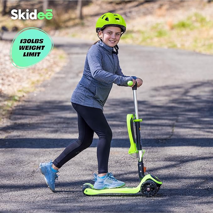 SKIDEE Kick Scooters for Kids Ages 3-5, Adjustable Height Foldable Scooter with Removable Seat, 3 LED Light Wheels, Rear Brake, Wide Standing Board, Suitable Up to 12 Year Old Boys/Girls